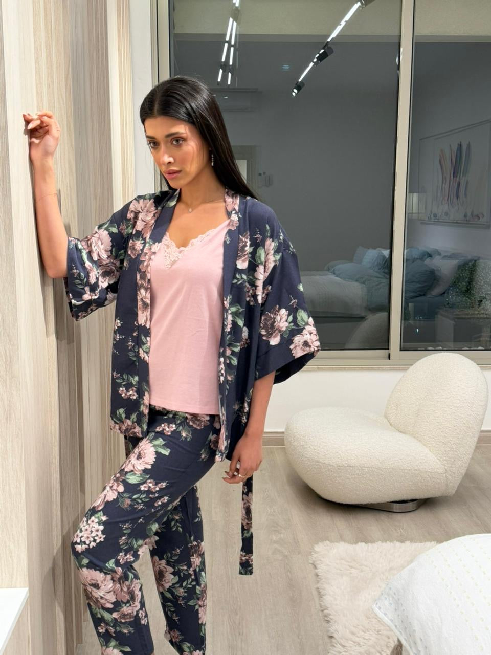 Navy Floral Pants & Robe Pajama Set