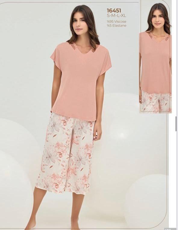 2-piece pink pantacourt pyjama set - pajama - pantacourt pajama - summer pajama - women pajama