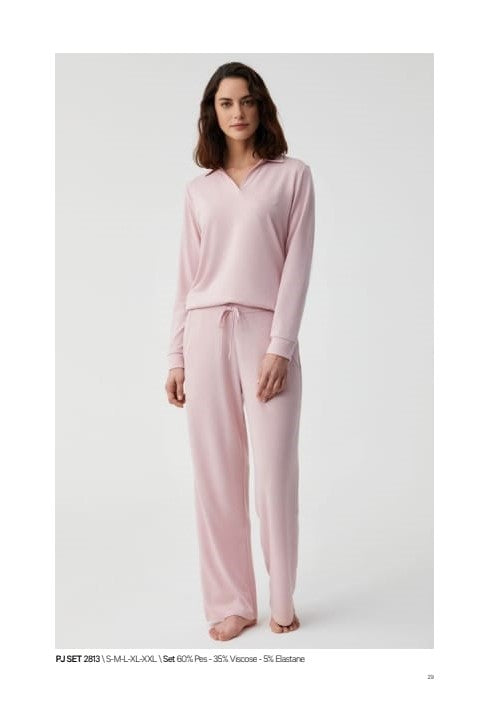 Polo V-Neck Pants Pajama Set