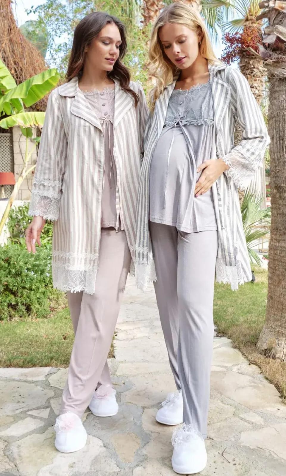 3-piece maternity pyjama set for women - pajama set - summer pajama - women pajama - Two women in matching outfits standing outdoors with greenery in the background