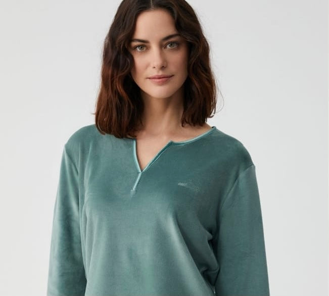 Velour Notch-Neck Pants Pajama Set