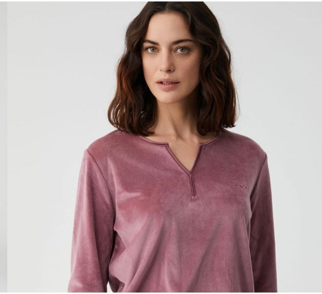 Velour Notch-Neck Pants Pajama Set
