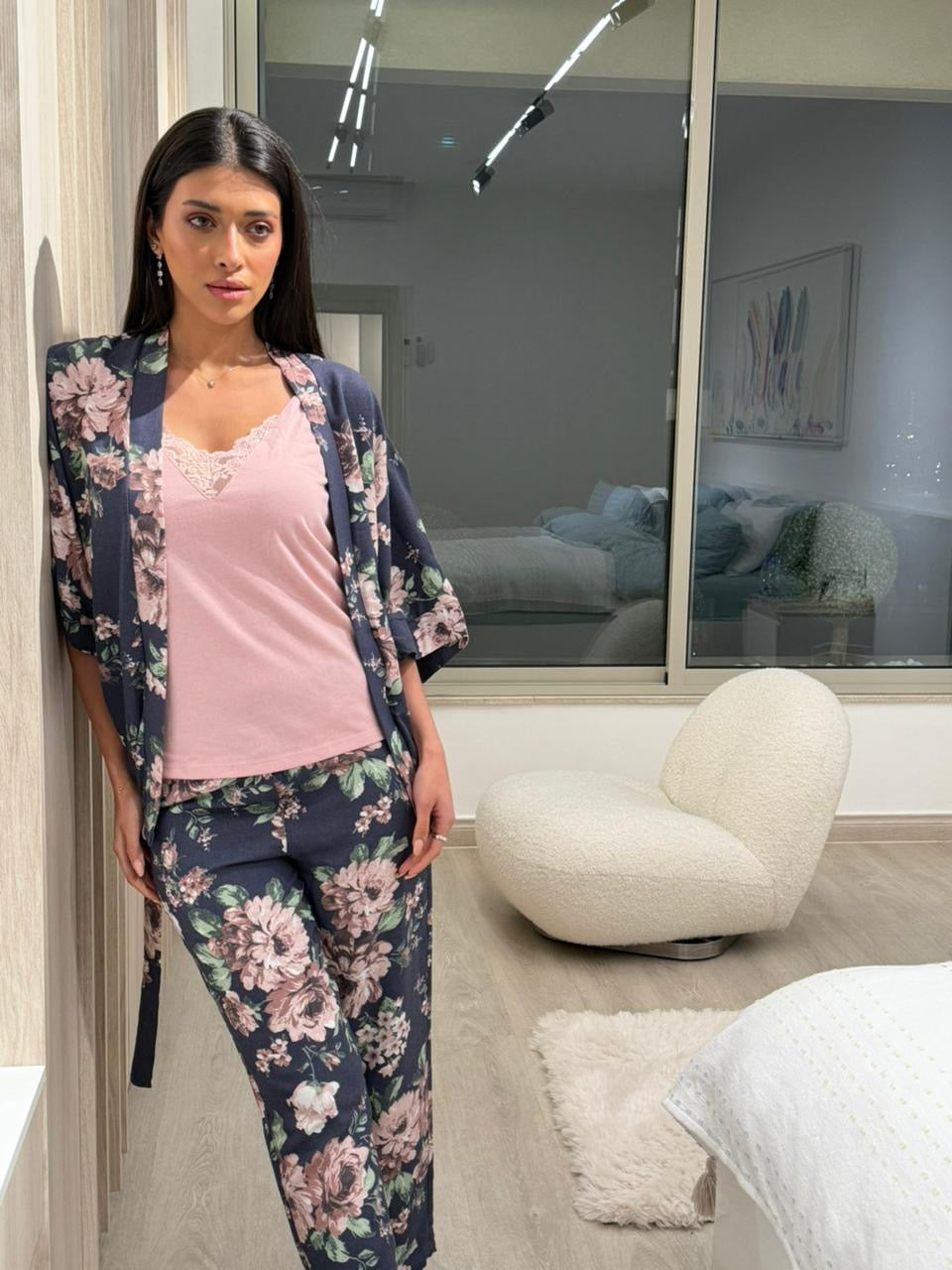 Navy Floral Pants & Robe Pajama Set