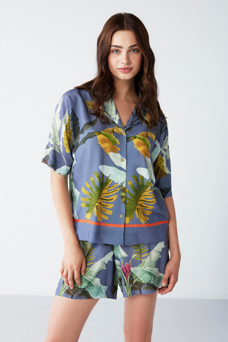 Full view of the Popjammies Botanical Bliss Pajama Set with a relaxed fit and matching shorts in a botanical print.