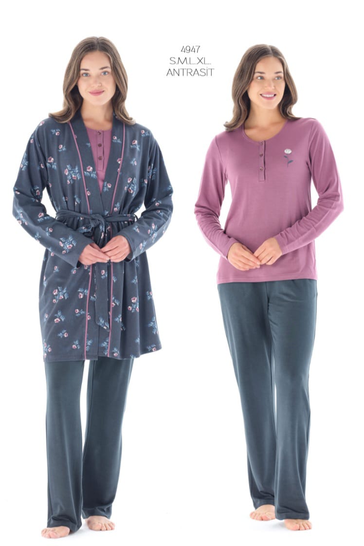 Two models wearing a 3-piece pants set, with one model in blue and the other in purple, standing in a studio setting. The set includes pants, a robe, and a top.