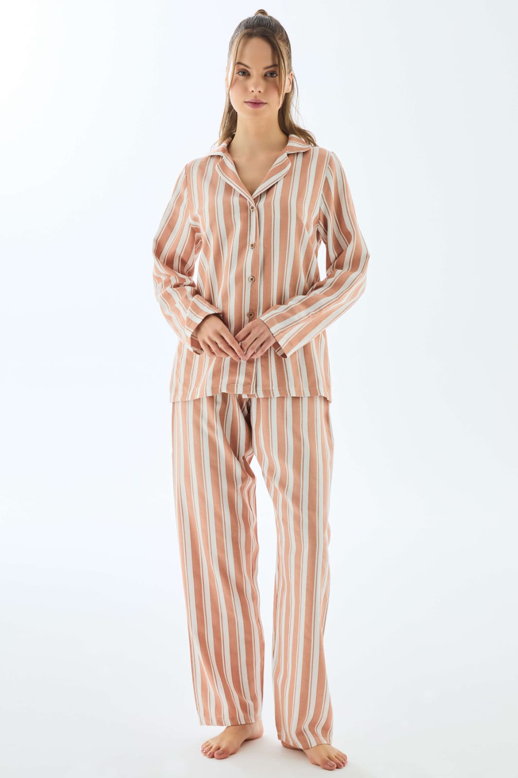 Peachy Stripe Button-Down Pants Pajama Set
