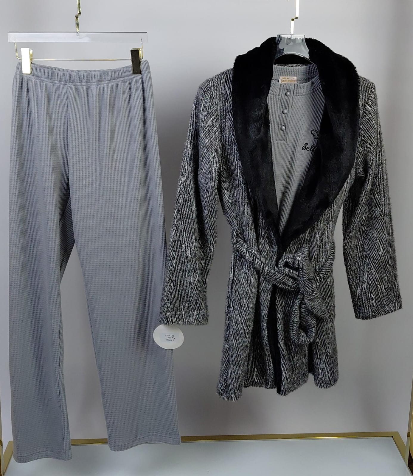 Faux Fur Collar Pants & Robe Pajama Set