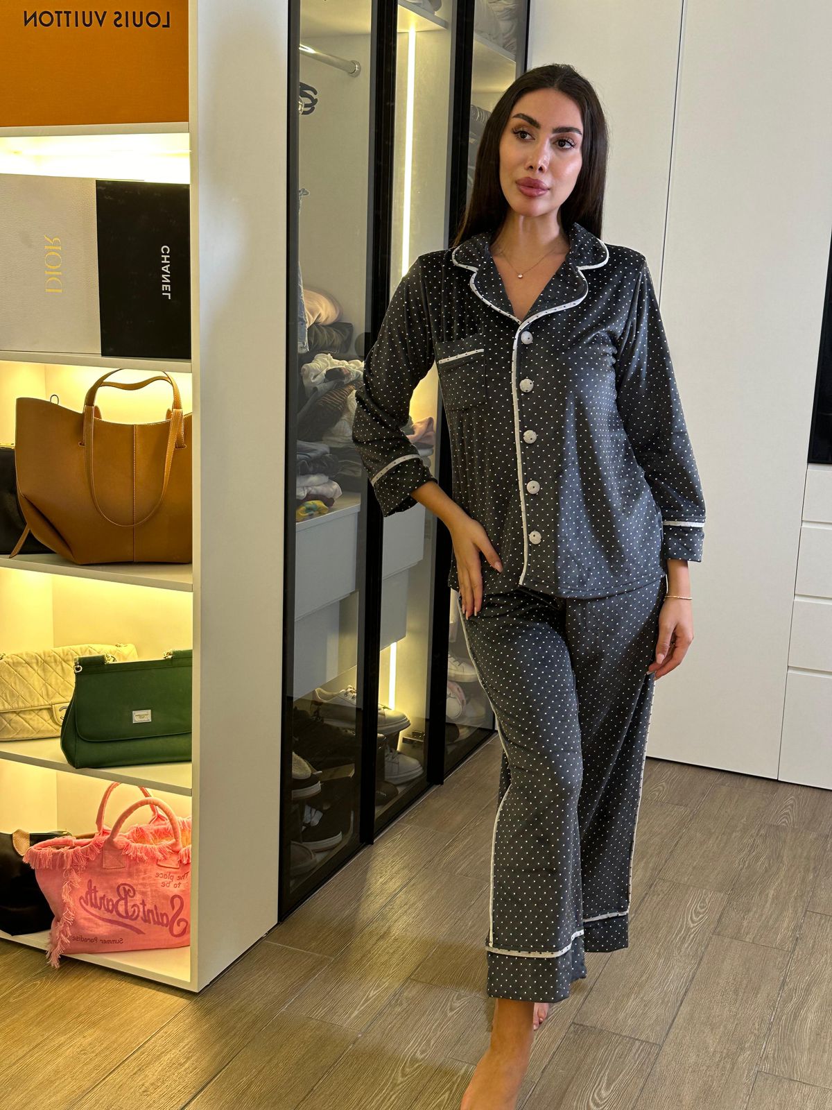 Velvet Dot Piped Pants Pajama Set