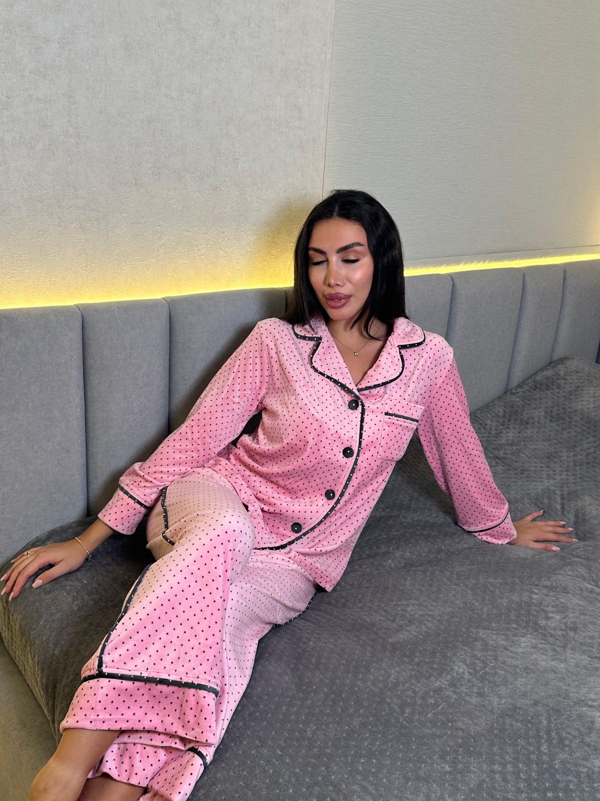 Velvet Dot Piped Pants Pajama Set