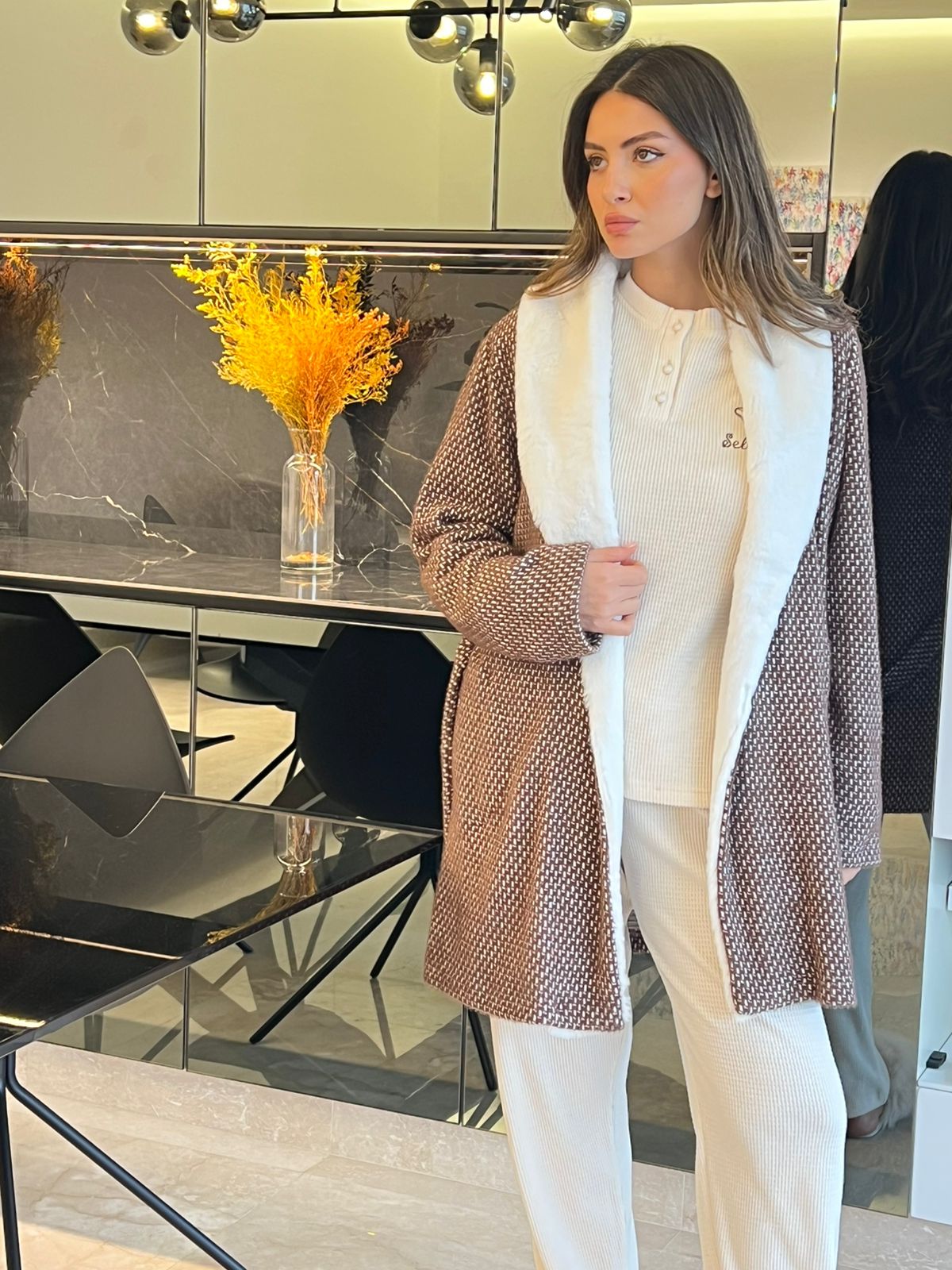 Faux Fur Collar Pants & Robe Pajama Set