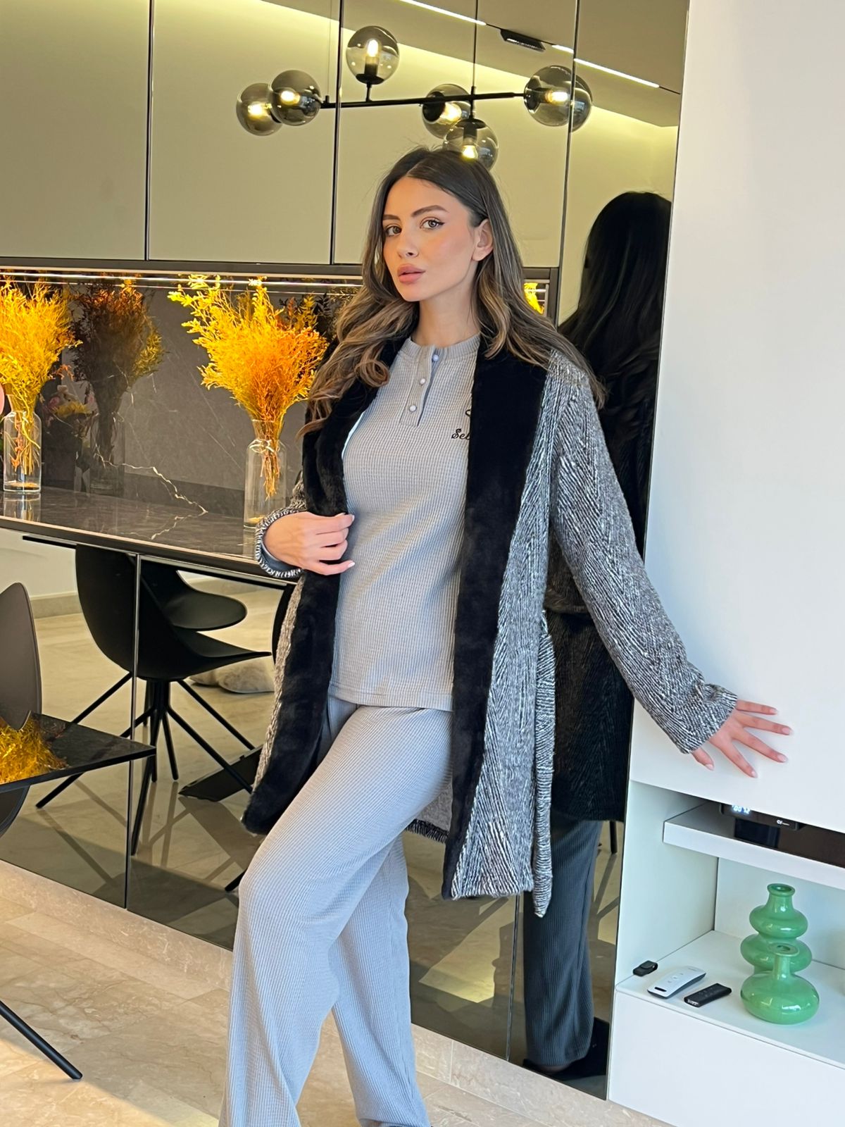 Faux Fur Collar Pants & Robe Pajama Set