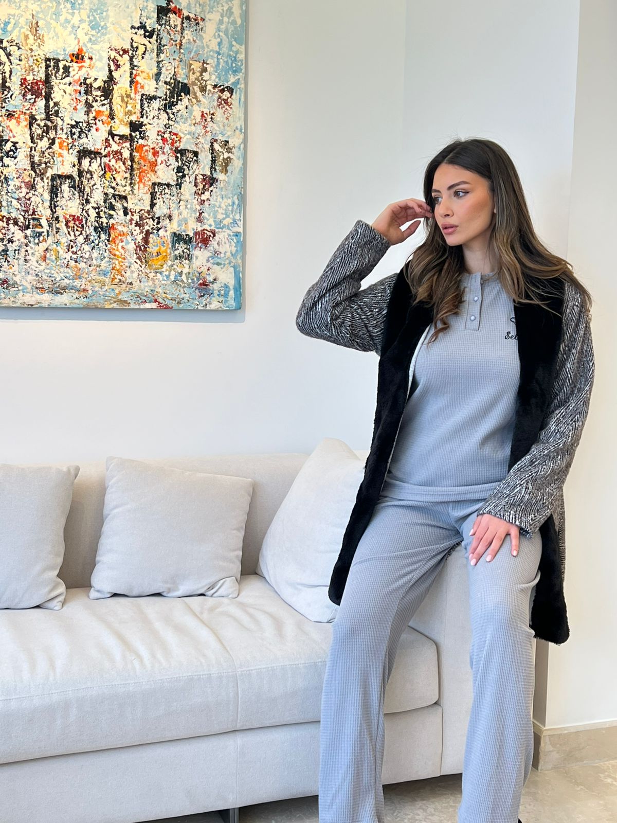 Faux Fur Collar Pants & Robe Pajama Set