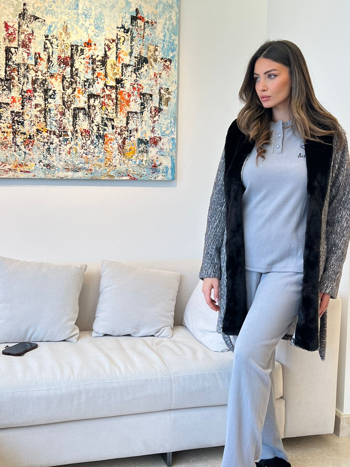 Faux Fur Collar Pants & Robe Pajama Set