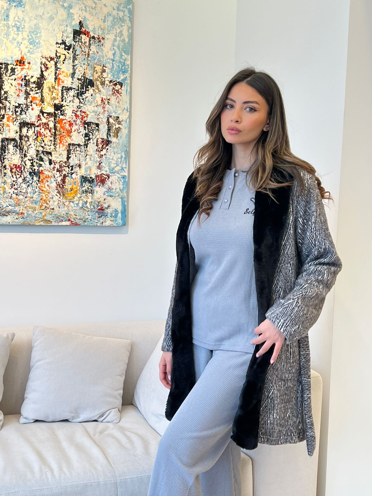 Faux Fur Collar Pants & Robe Pajama Set