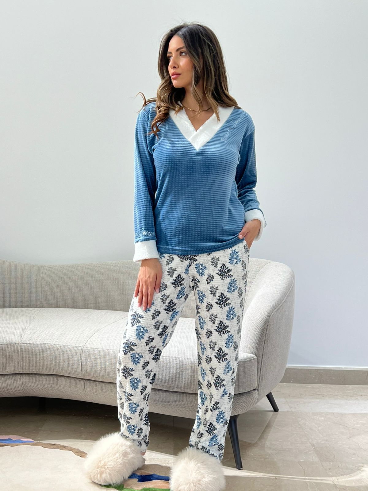Royal Blue Cozy V-Neck Pants Pajama Set