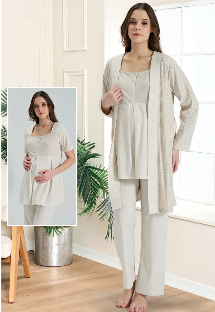 3-piece maternity pyjama set for women - pajama set - women pajama - summer pajama - Woman wearing a beige outfit with a matching top and pants, standing indoors.