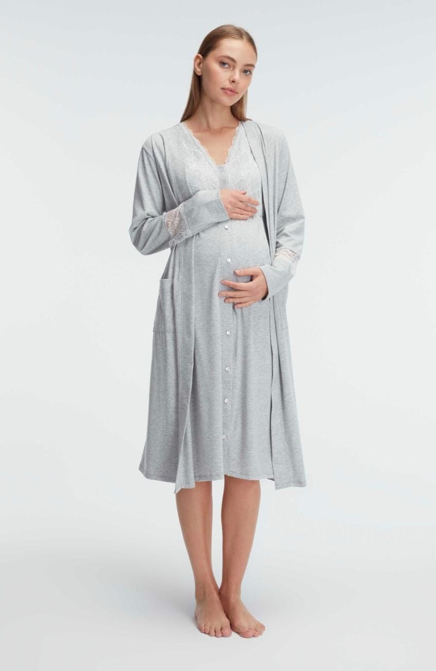 grey maternity 3-piece pyjama set - Mom PJ - Maternity PJ - Women PJ - Pregnant - breathable PJ - Comfortable Pajamas - Dress and robe PJ