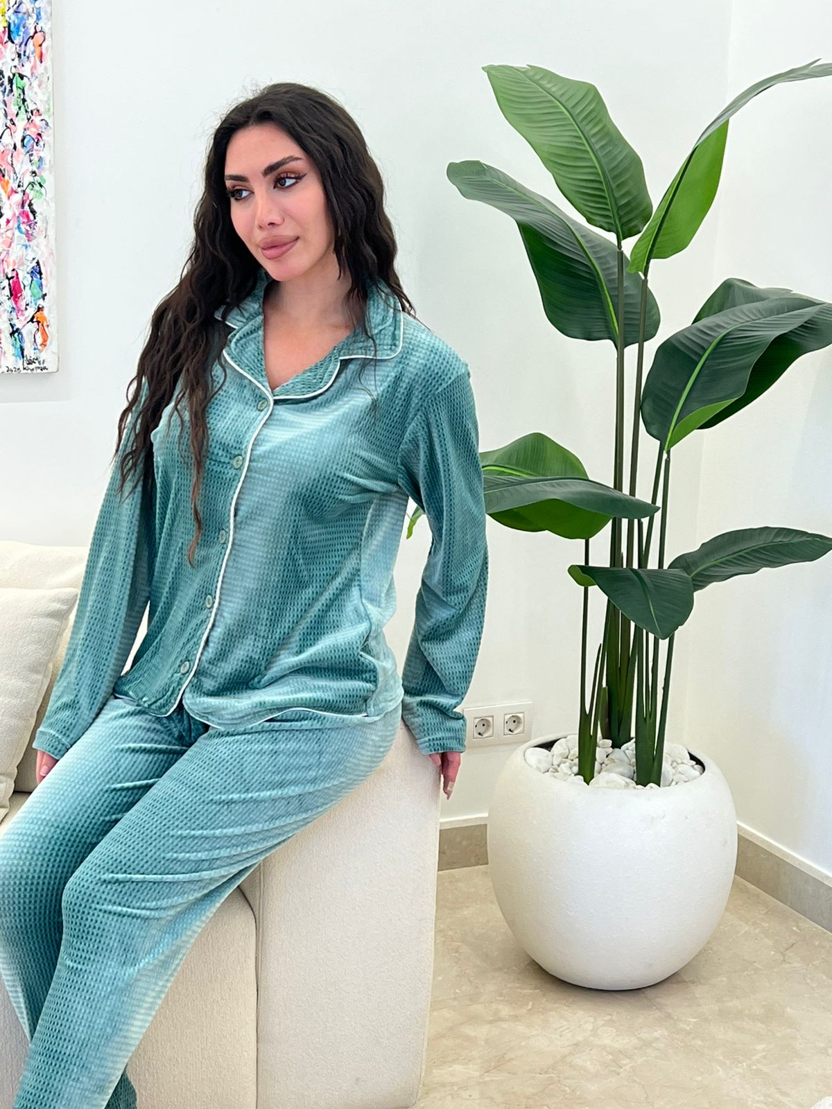 Plush Velvet Piping Pants Pajama Set