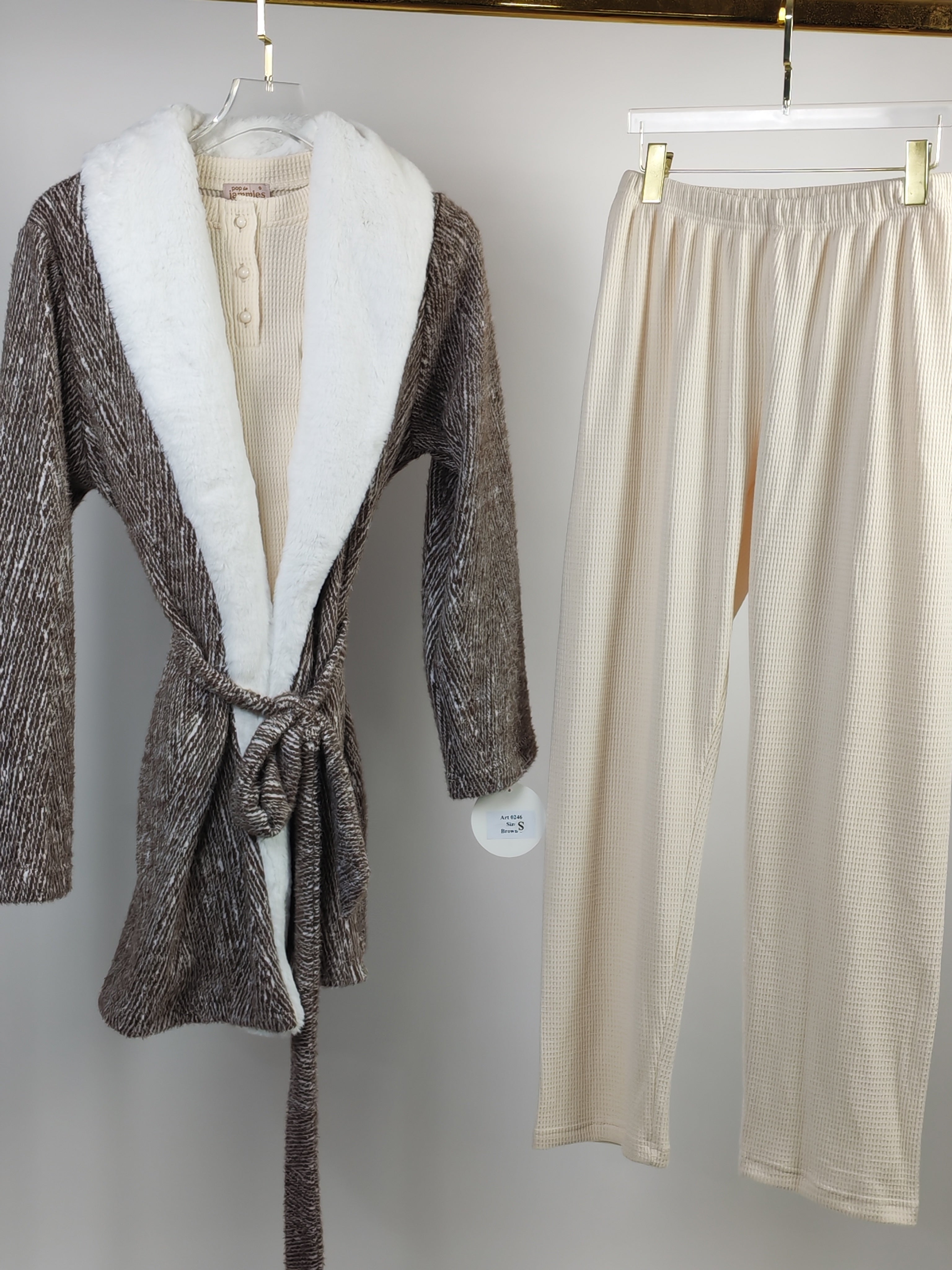 Faux Fur Collar Pants & Robe Pajama Set