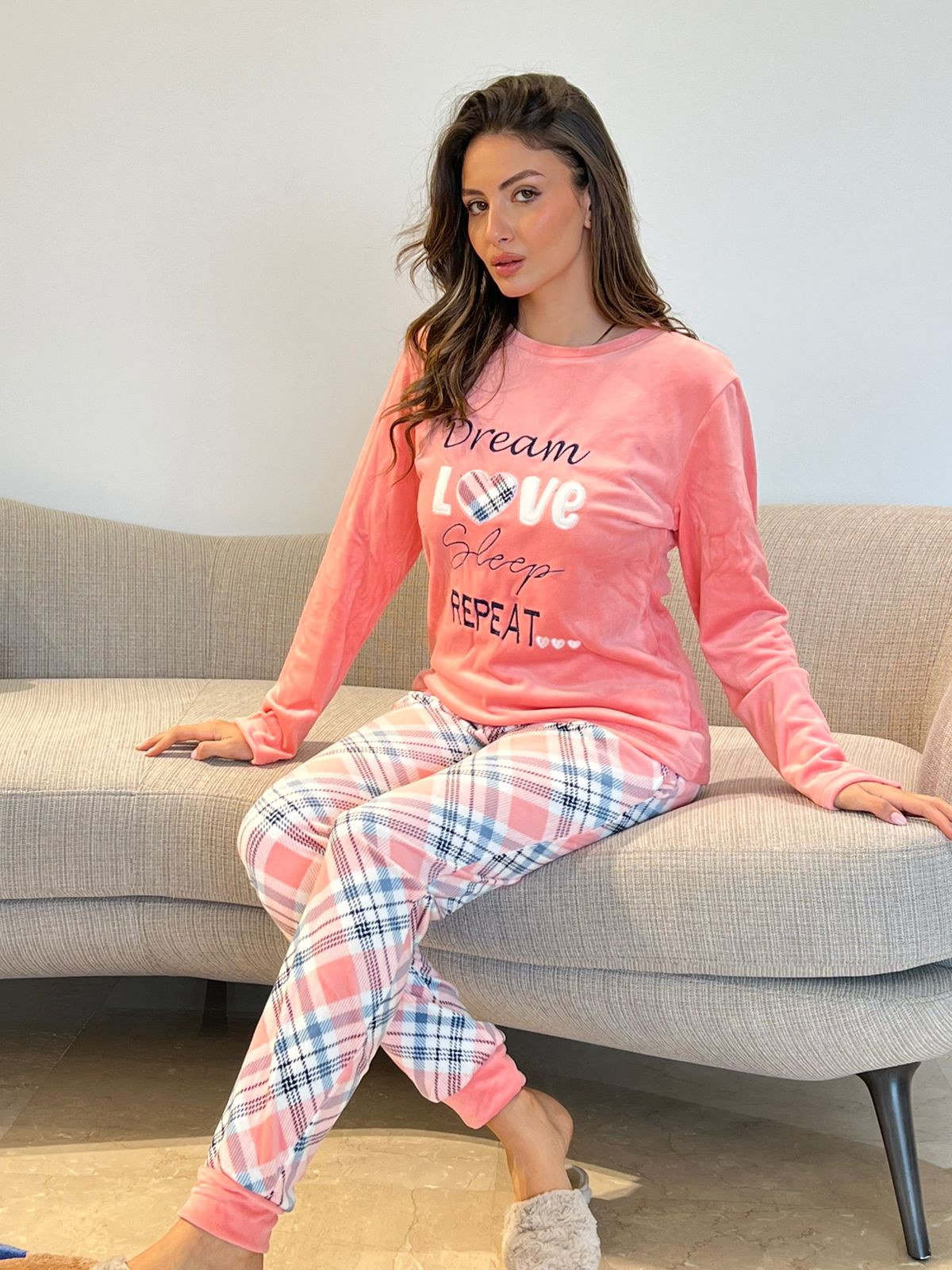 Pink Tartan Love Pants Pajama Set