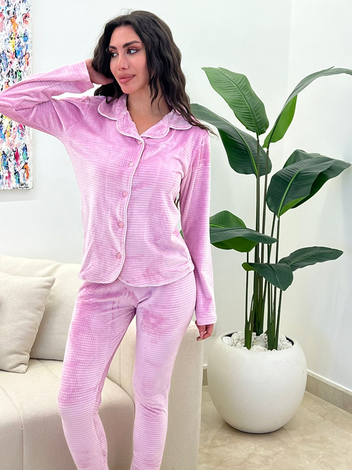 Plush Velvet Piping Pants Pajama Set