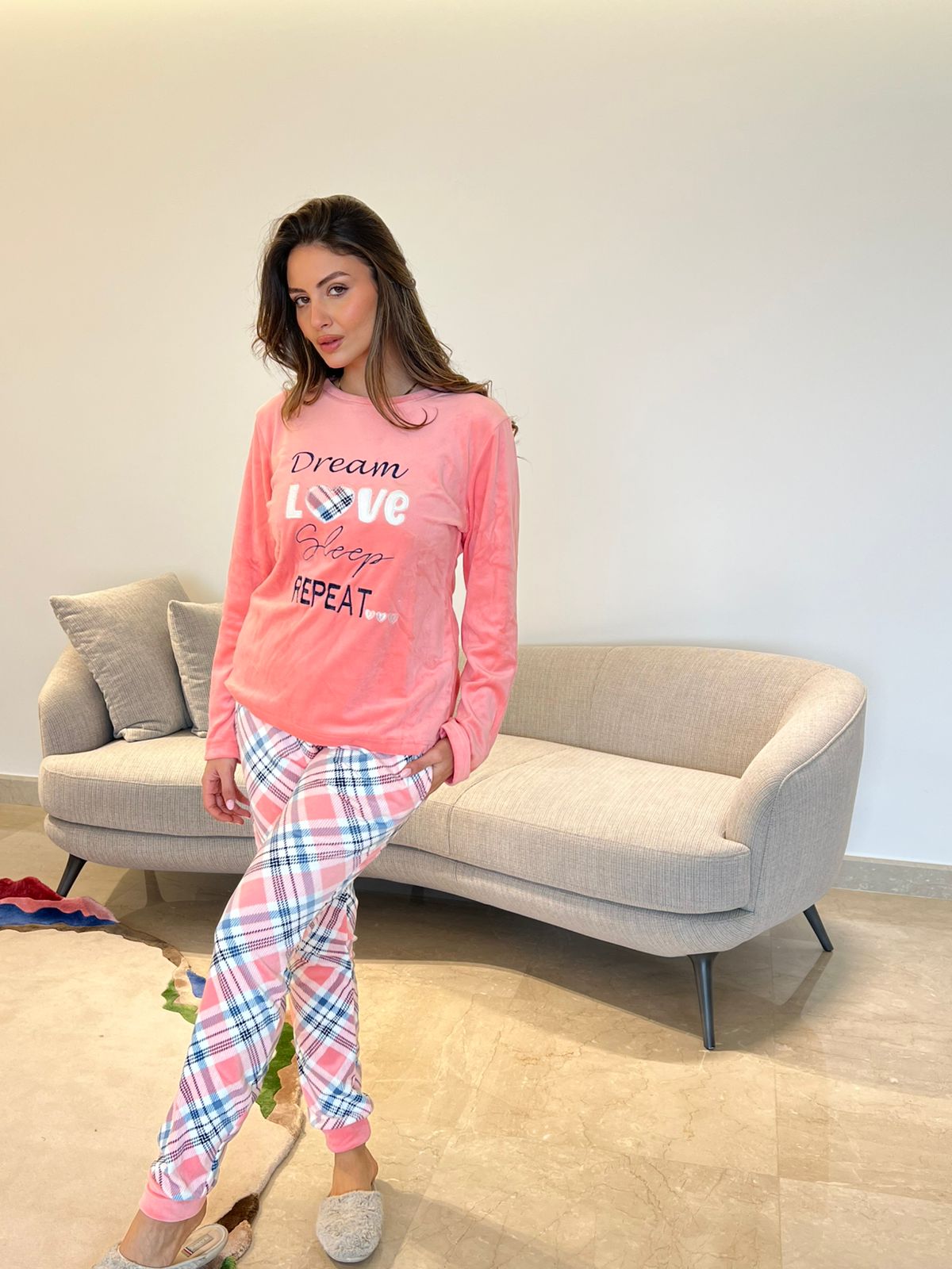 Pink Tartan Love Pants Pajama Set