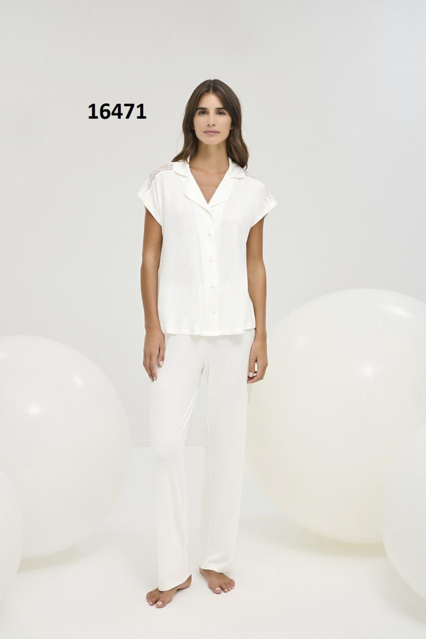 women’s 2-piece white summer pyjama set featuring soft, breathable pants and a relaxed-fit button-down shirt - summer pajama - women pajama - soft pajama