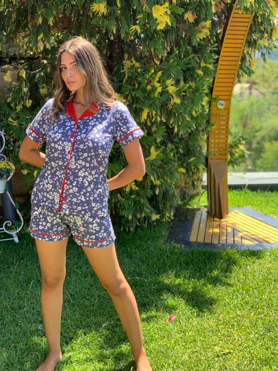 Close-up of the floral print and red piping on Popjammies Floral Pajama Set.