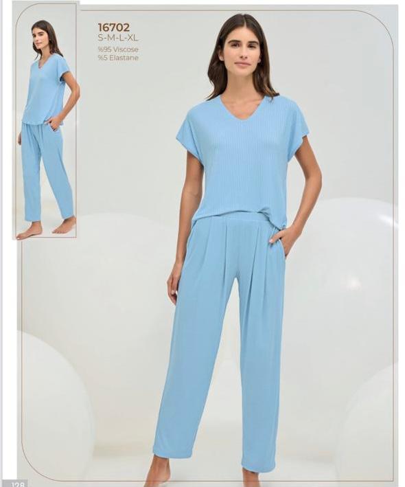 2-piece light blue pants pyjama set - summer pajama - women pajama - soft pajama - pajama 