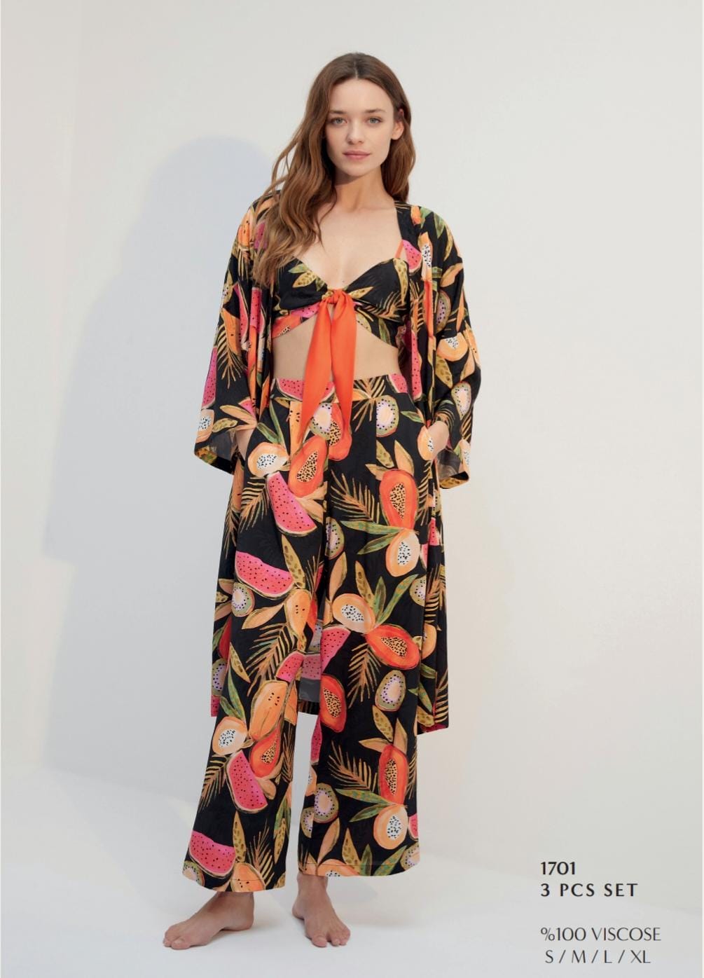 Tropical Fruit 3-Piece Pyjama Set – Soft Viscose Loungewear for Women