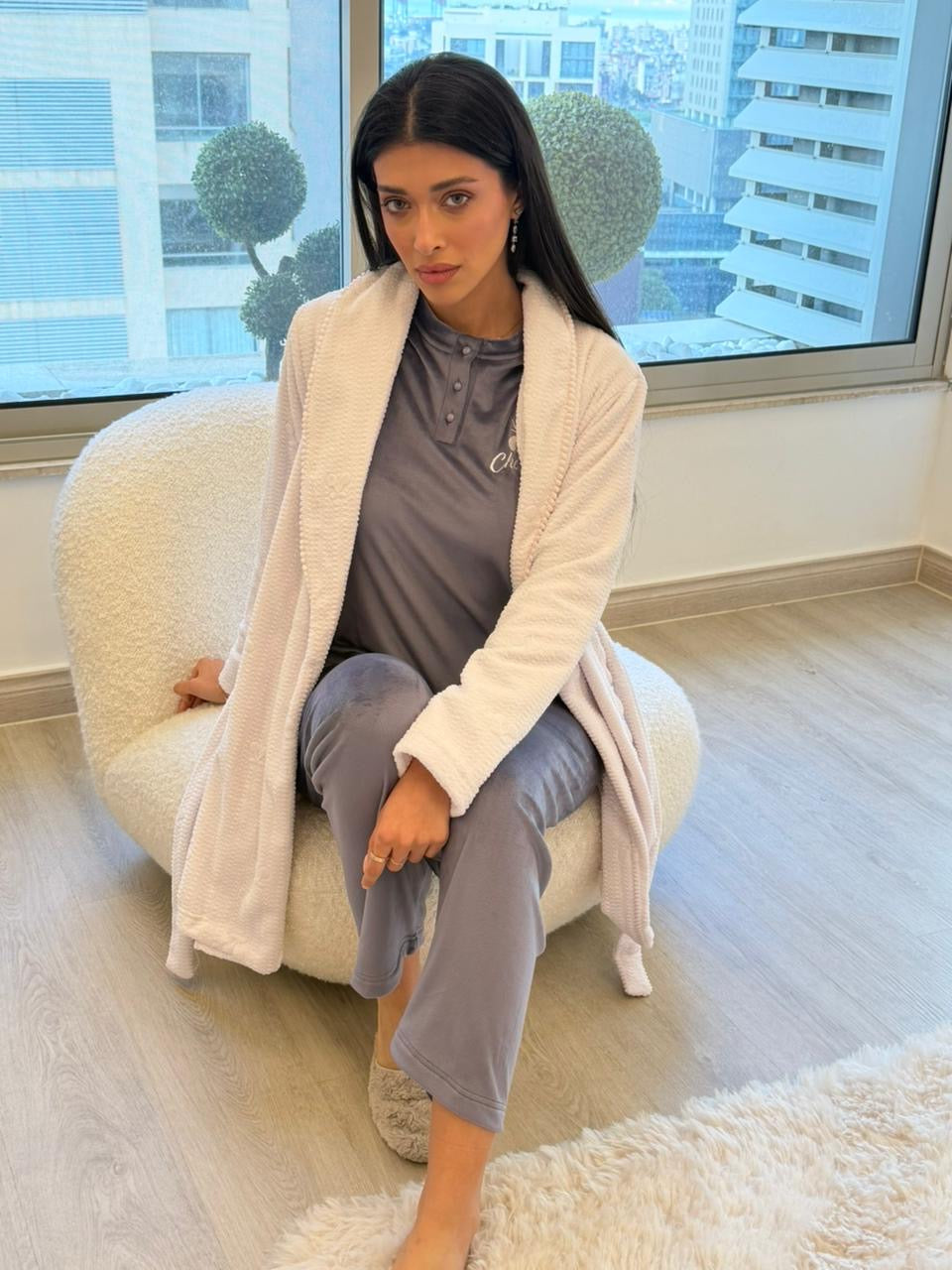 Snow Cloud Velvet Pants & Robe Pajama Set
