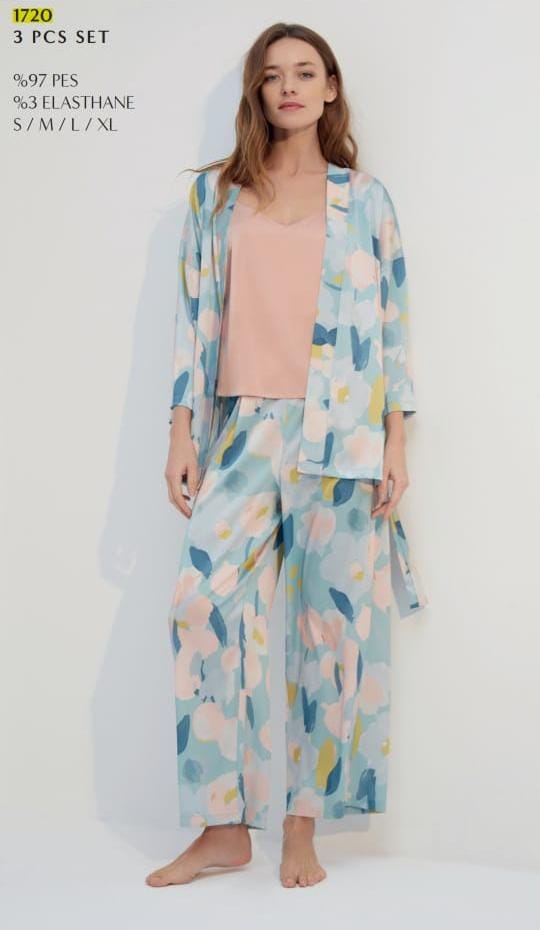 3 pcs pants pyjama set in light blue and pink - pajama set - summer pajama - women pajama 