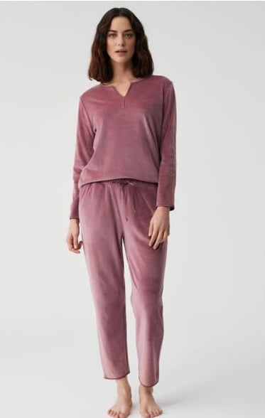 Velour Notch-Neck Pants Pajama Set