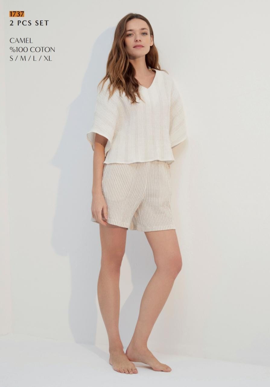 Beige 2-Piece Short Pyjama Set – Comfortable Summer Loungewear for Women