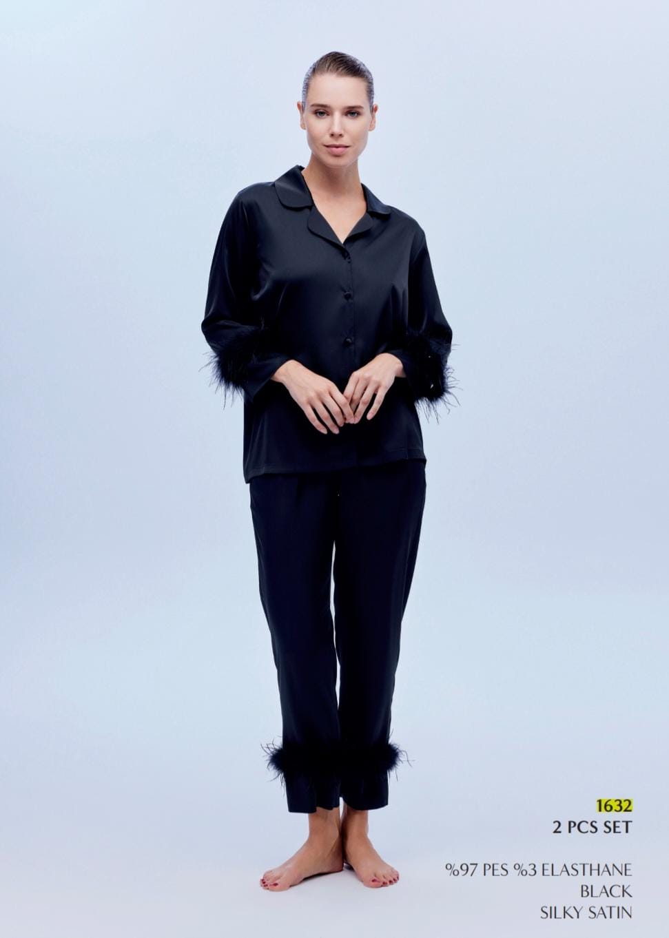 Black & White 2-Piece Pants Pyjama Set – Silky Satin Summer Sleepwear for Women