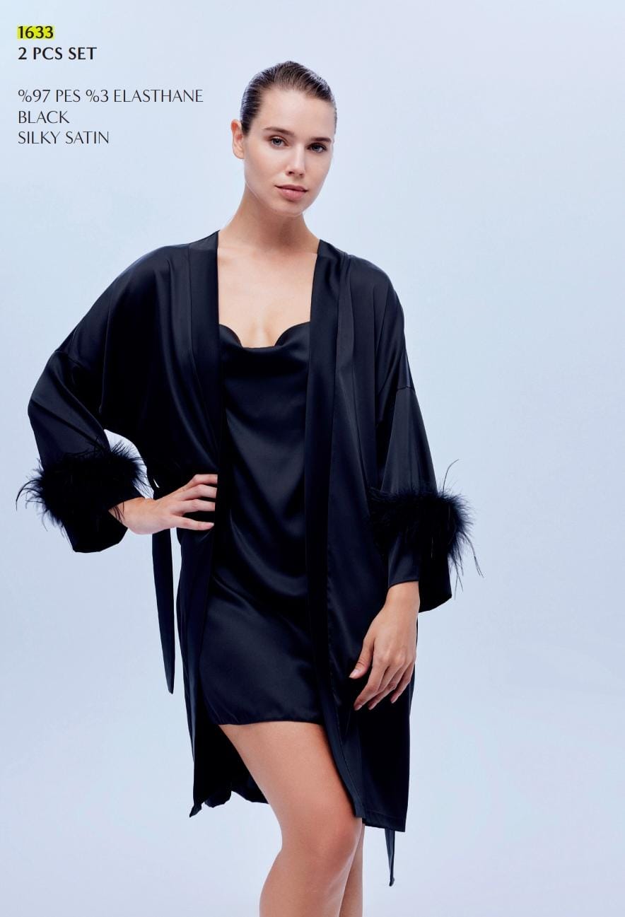 Black & White Dress & Robe Set – Silky Satin Summer Loungewear for Women