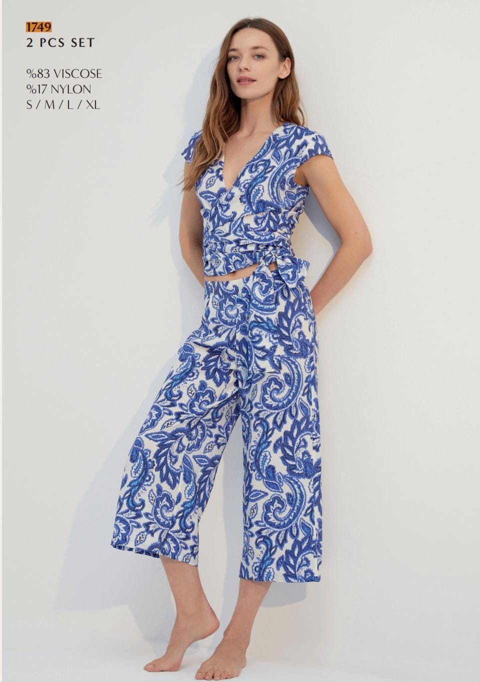 Blue & White 2-Piece Pants Pyjama Set – Lightweight Summer Loungewear for Women
