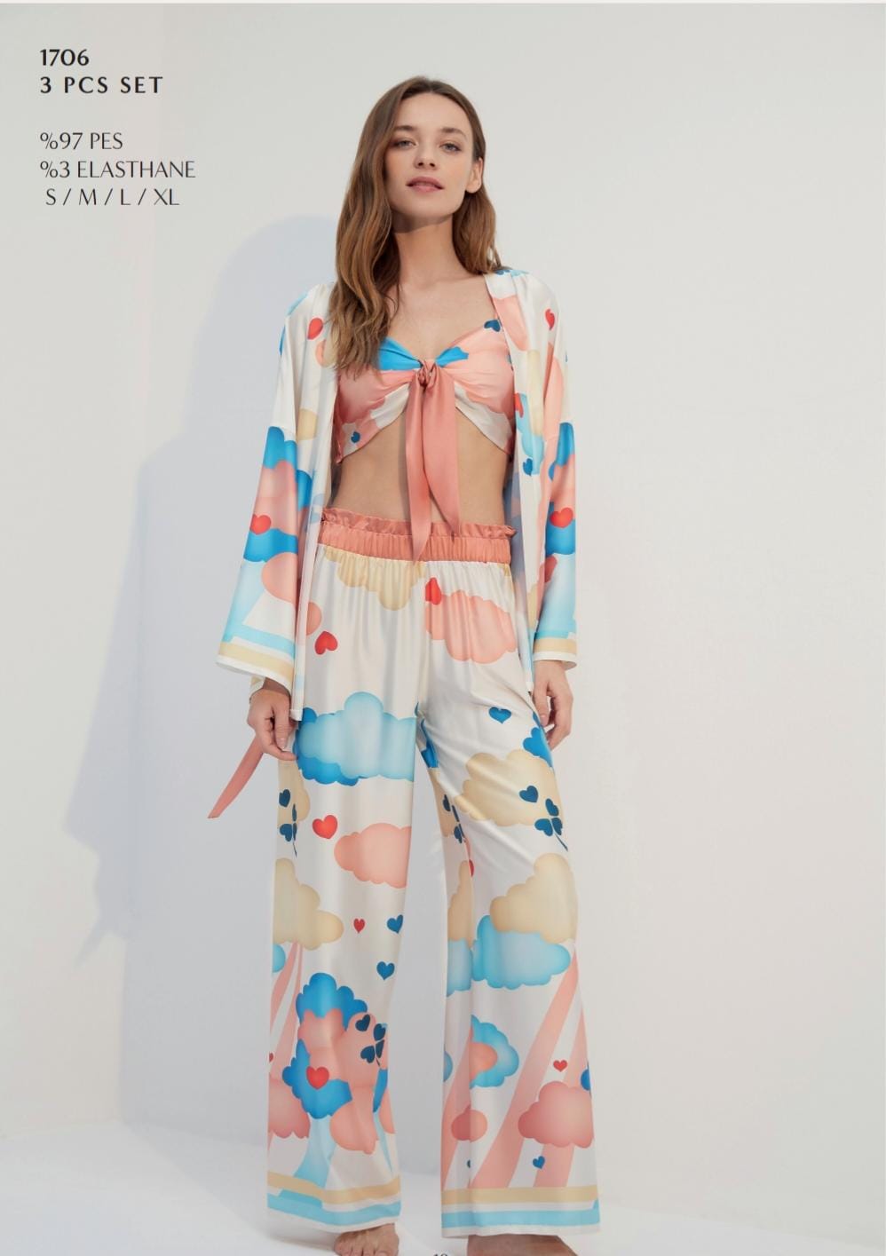 Cloud Dream 3-Piece Pyjama Set – Soft Viscose Women’s Loungewear in Pastel Cloud Print