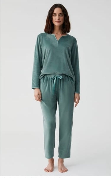 Velour Notch-Neck Pants Pajama Set