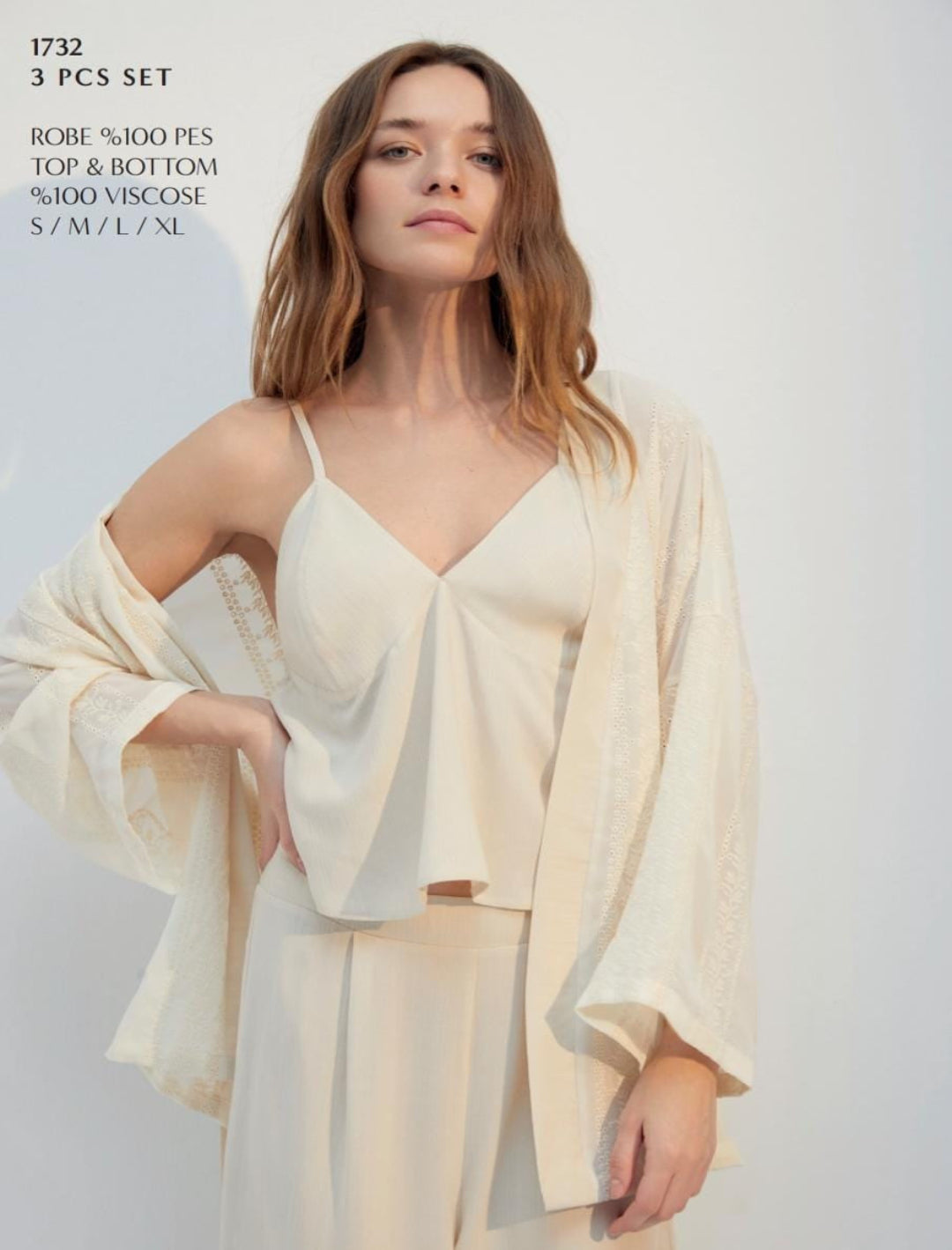 Light Beige 3-Piece Pants Pyjama Set – Summer Sleepwear with Robe for Women