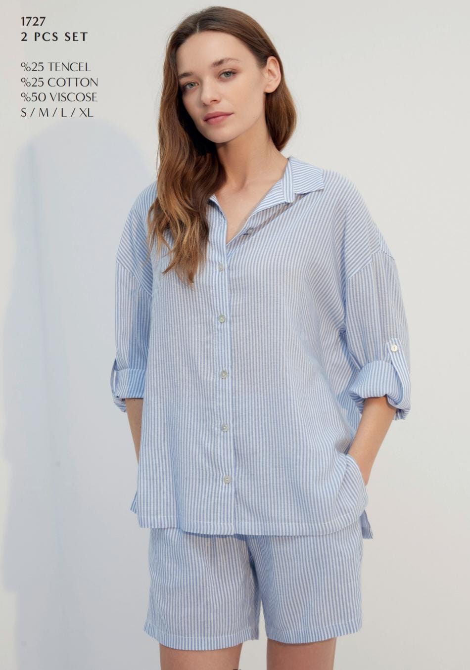 Striped 2-Piece Short Pyjama Set – Light Blue & White Summer Sleepwear for Women