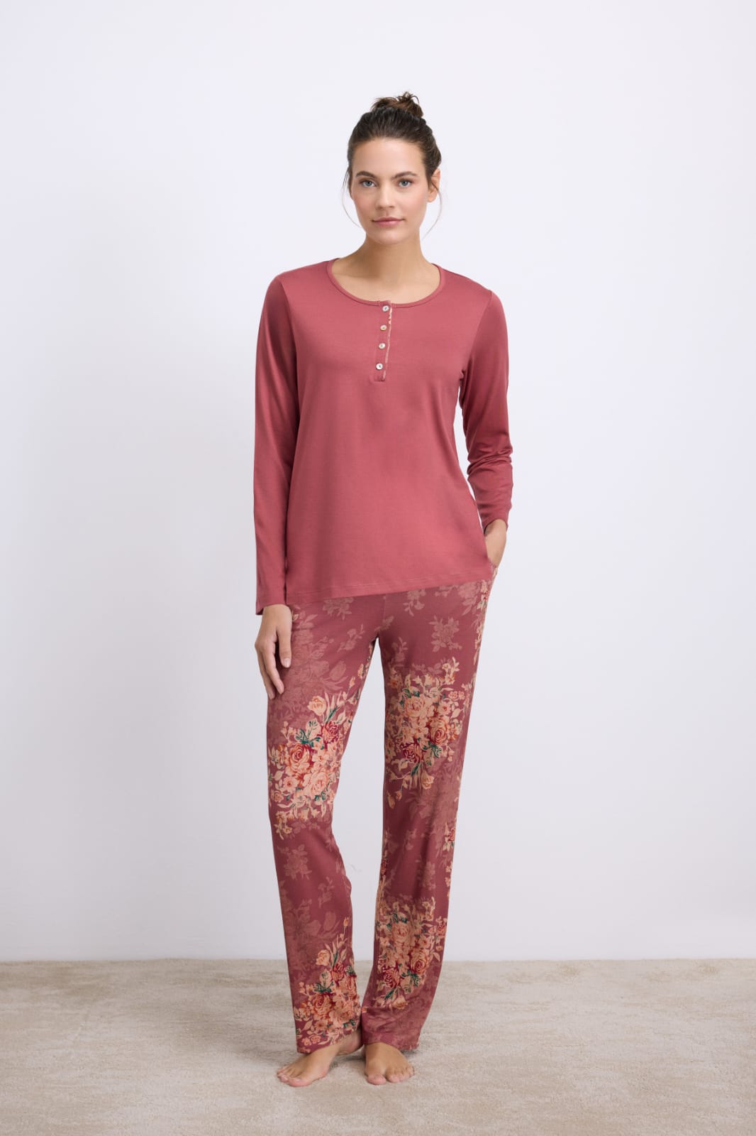 Rose Print Henley Pants Pajama Set