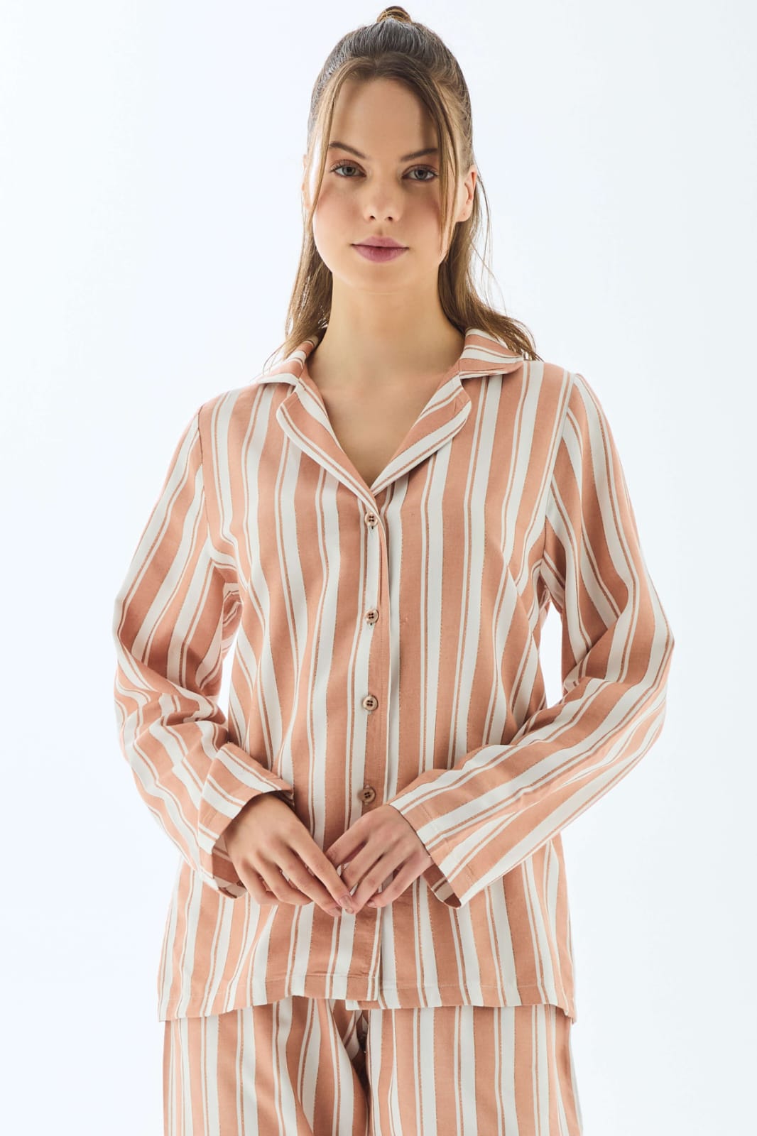 Peachy Stripe Button-Down Pants Pajama Set