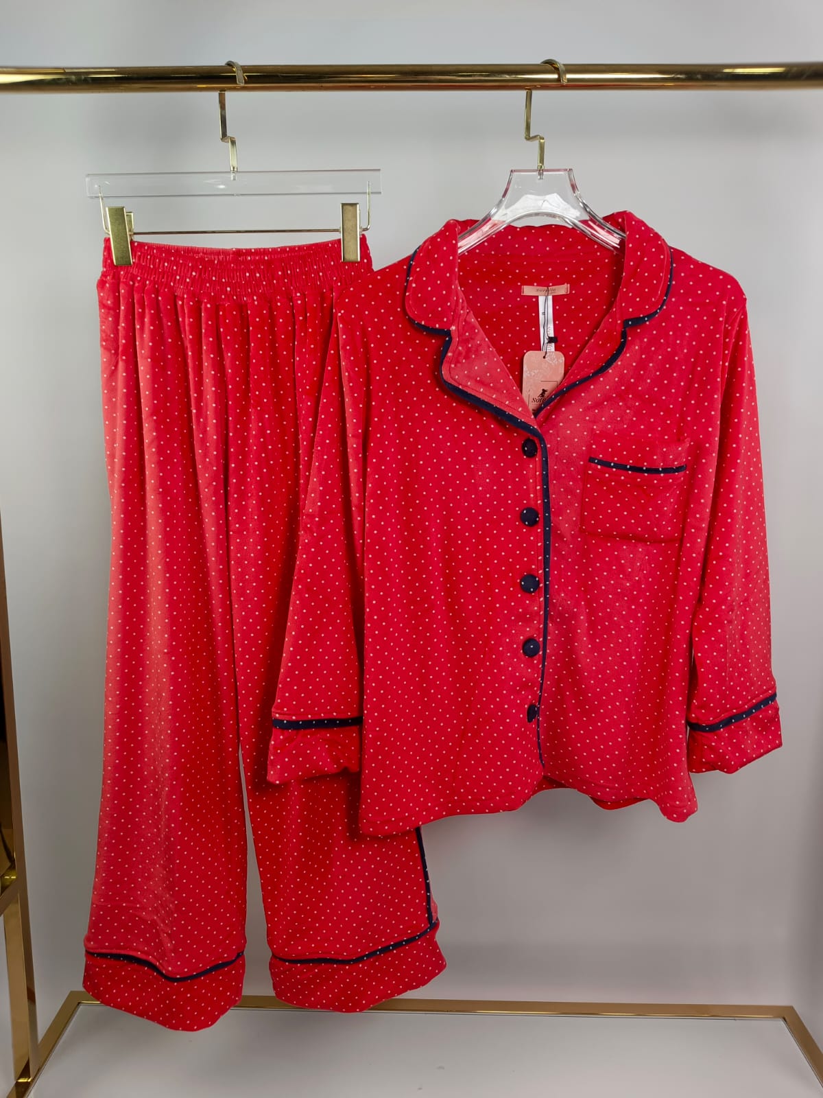 Velvet Dot Piped Pants Pajama Set