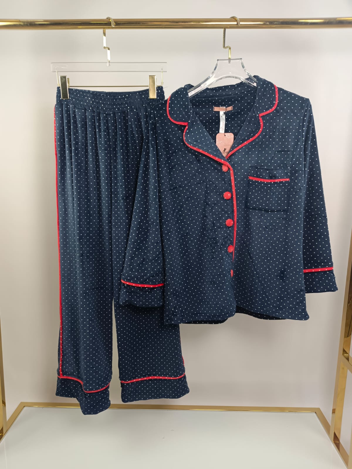 Velvet Dot Piped Pants Pajama Set