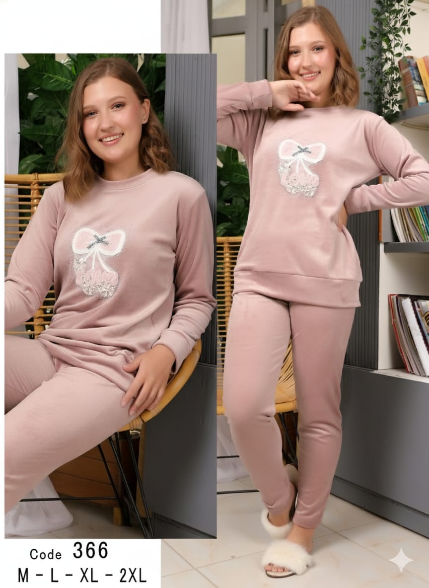 Bow Trim Velour Pants Pajama Set