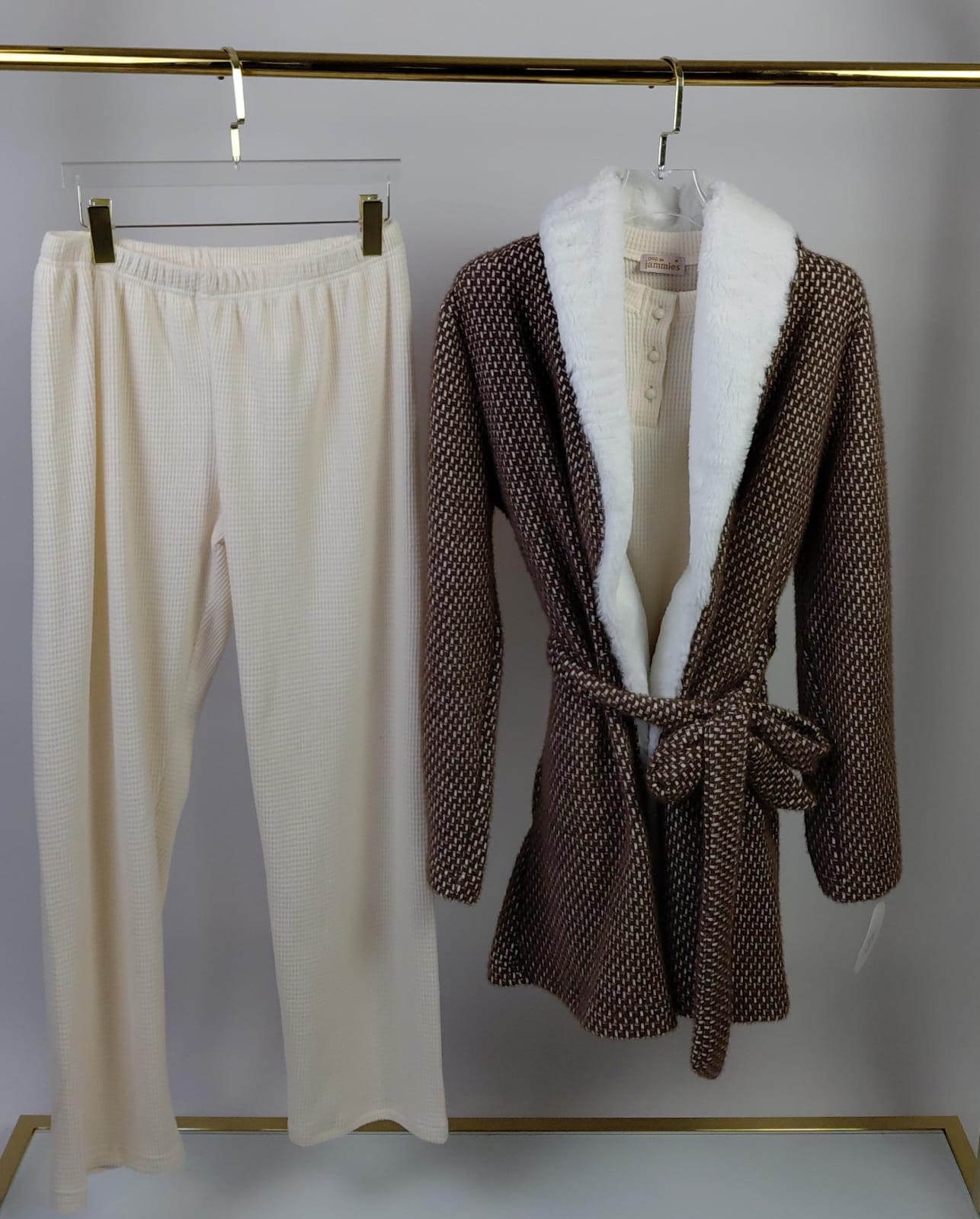 Faux Fur Collar Pants & Robe Pajama Set
