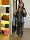 Velvet Dot Piped Pants Pajama Set