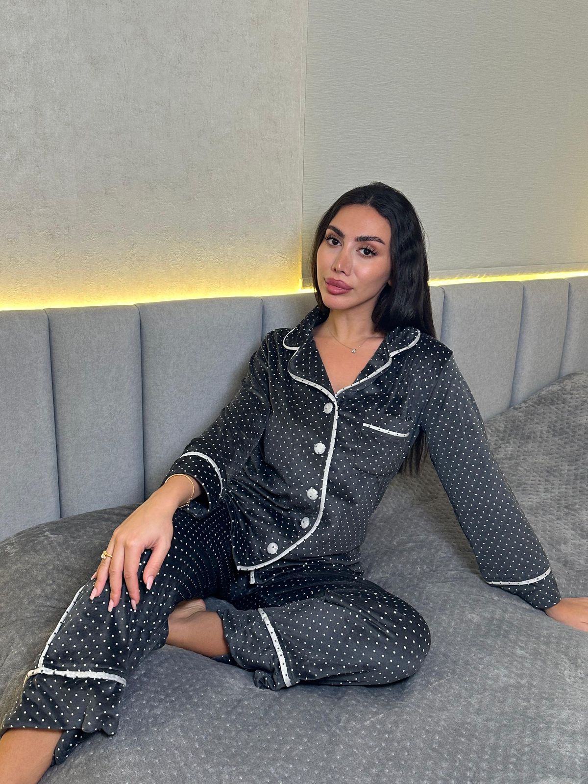 Velvet Dot Piped Pants Pajama Set