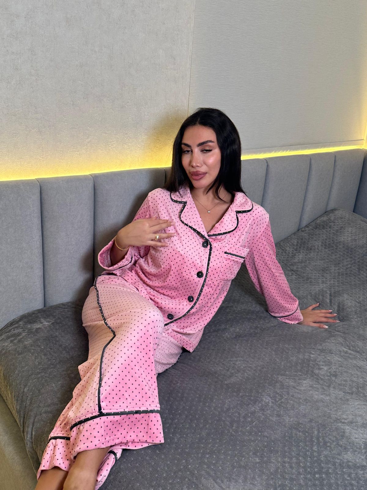 Velvet Dot Piped Pants Pajama Set